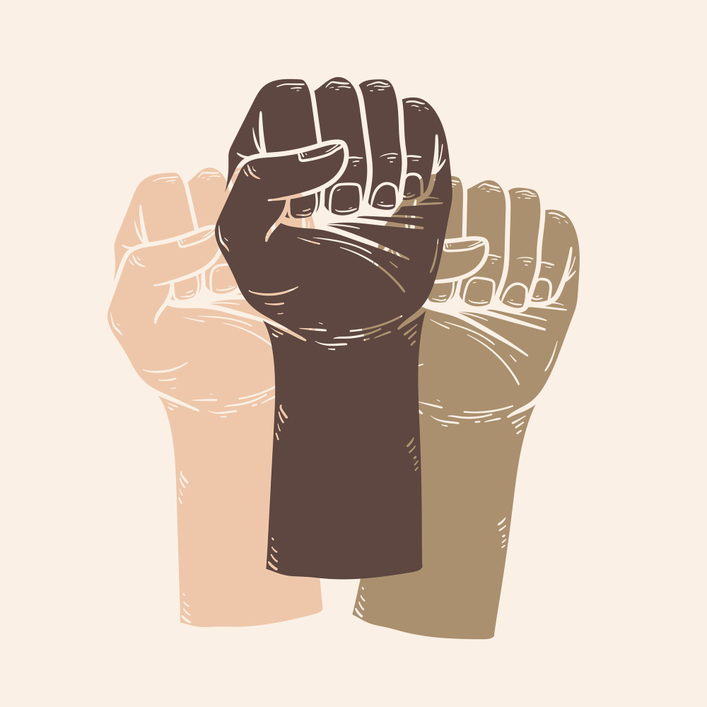 Three raised fists side by side, an emblem of collective solidarity