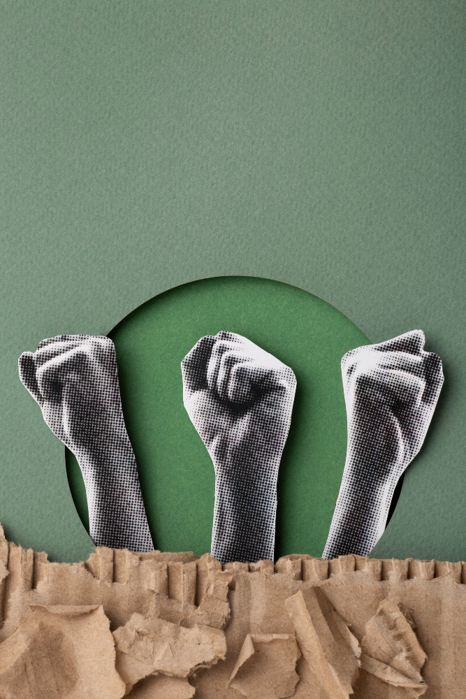 Three raised fists rising through torn paper in a protest collage